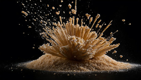 Pile of wheat flour on black background. Flour splashes.の素材