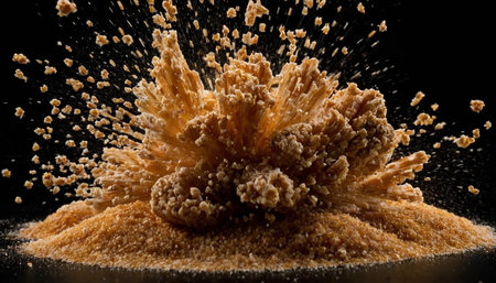 Brown sugar explosion isolated on black background with copy space, close upの素材