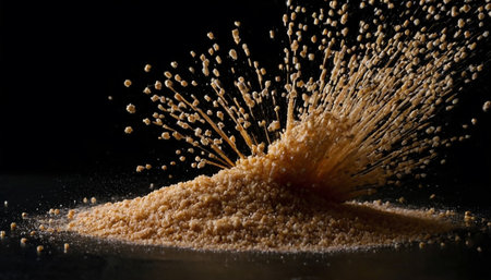 Pile of brown sugar splashes on black background with copy spaceの素材