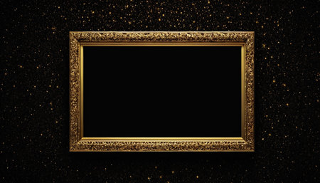 Golden picture frame on a black background. 3d rendering mock upの素材