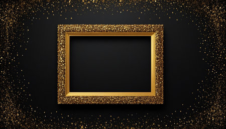 Golden frame on black background with golden glitter. Vector illustration for your designの素材