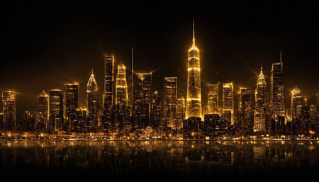 Panoramic view of skyscrapers in the city at nightの素材