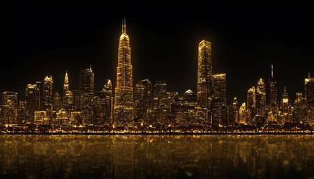 New York City Manhattan skyline panorama at night with reflection in water.の素材