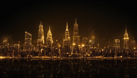Night view of the New York City skyline with skyscrapers.の素材