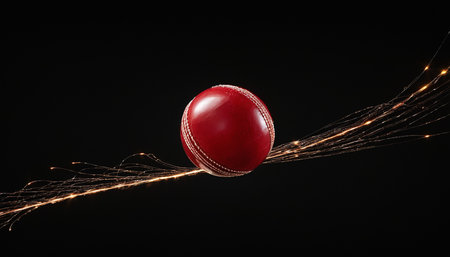 Cricket ball flying with fire trail on black background, closeupの素材
