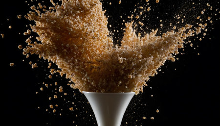 Splash of brown sugar in a white cup on a black backgroundの素材