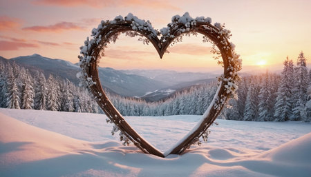 Beautiful winter landscape in the mountains with a heart-shaped frameの素材