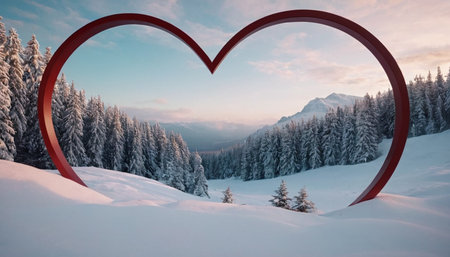 Digital composite of Red heart against snow covered trees and blue sky with cloudsの素材