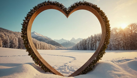 Heart shaped frame against snowy landscape with fir trees in front of mountainsの素材