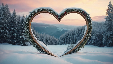 Heart-shaped frame against snowy landscape with fir trees in the forestの素材