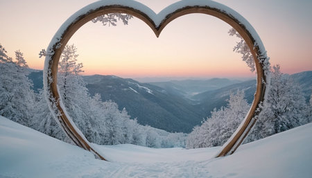Beautiful winter landscape in the mountains with a heart-shaped frameの素材