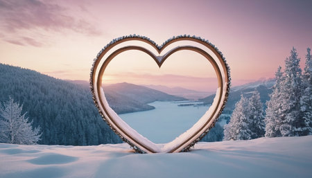 Heart shaped frame against snowy landscape with fir trees and lake at sunsetの素材