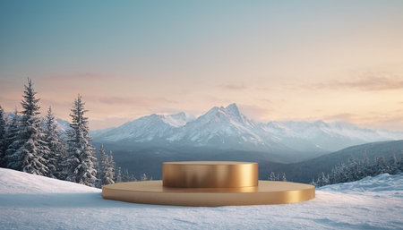 3d rendering of golden podium for product presentation in winter forest.の素材