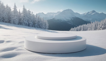 3d render of white podium for product display in winter landscape.の素材