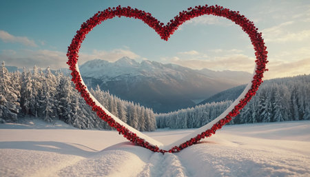 Heart made of red hearts against snowy landscape with fir trees in mountainsの素材