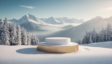3d render of podium for product presentation in snowy mountains with snowflakesの素材