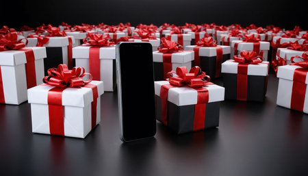 Smartphone with gift boxes on black background. Christmas and New Year.の素材