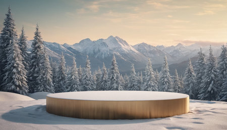 3d rendering of golden podium in winter landscape with snow and mountainsの素材