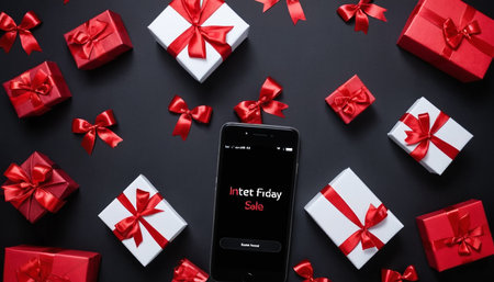 Gift boxes and mobile phone on black background, online shopping conceptの素材