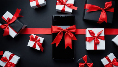 Smartphone with red ribbon and gift boxes on black background, top viewの素材