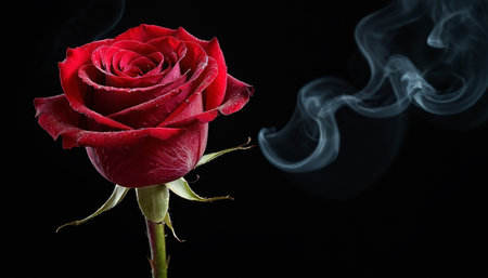 Beautiful red rose with smoke on black background, close-upの素材