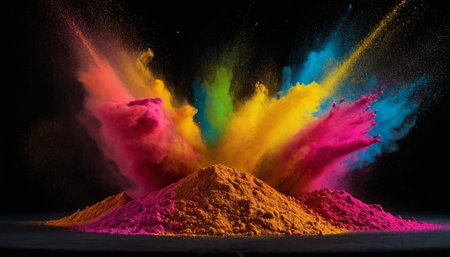 Colorful powder explosion on black background. Colorful dust cloud.の素材