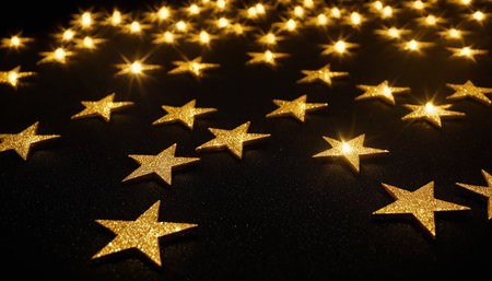 Golden stars on a black background. Festive background with golden stars.の素材