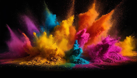 Explosion of colored powder isolated on black background. 3d renderingの素材