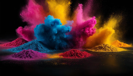 Colorful holi powder explosion on black background. 3D renderingの素材