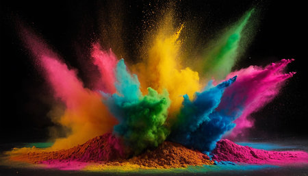 Explosion of colored powder isolated on black background. 3d renderingの素材