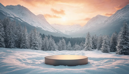 3d render of podium for product display in winter mountains at sunsetの素材
