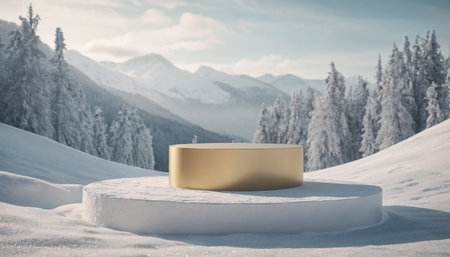 3d render of golden podium for product presentation in snowy mountains.の素材