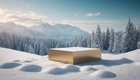 3d render of a podium in the snow with mountains in the backgroundの素材