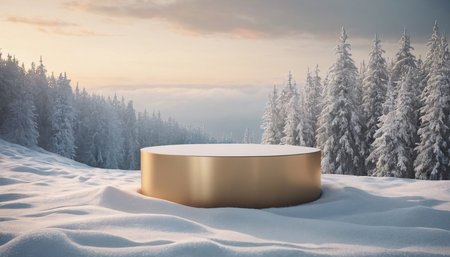 3d render of golden podium in winter forest with snowdriftの素材