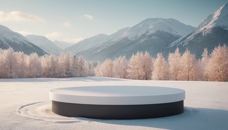 Winter landscape with a round podium in the foreground. 3d renderの素材