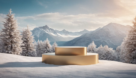 3d render of podium for product display in winter forest with mountains in backgroundの素材