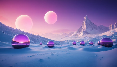 Fantastic winter landscape with snow covered mountains and crystal balls.の素材