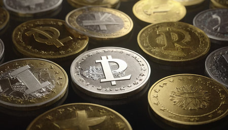 Digital currency physical metal bitcoin coin. Cryptocurrency concept image.の素材