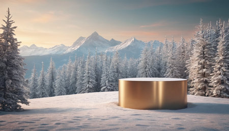 Golden podium against snowy landscape with fir trees in the foreground, 3d renderの素材