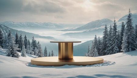 3d render of golden podium in snowy landscape with foggy mountainsの素材