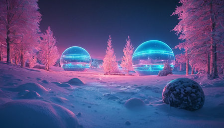 Fantasy winter night landscape with snow covered trees. 3d renderingの素材