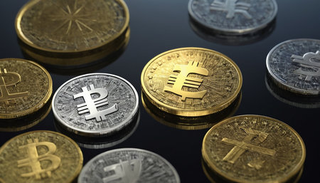 Digital currency physical metal bitcoin coin. Cryptocurrency concept. 3D illustration.の素材