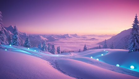 Winter landscape with snow covered trees and blue lights in the mountains.の素材