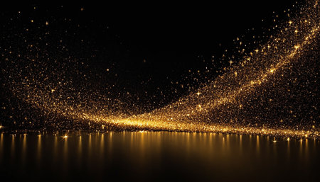 golden glitter on black background 3d rendering image with bokehの素材