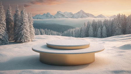 3d render of podium in winter landscape with snow covered trees.の素材