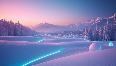 Winter landscape with snowy fir trees and blue neon lights. 3d renderの素材