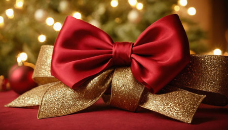 Red bow with golden ribbon on the background of the Christmas tree.の素材