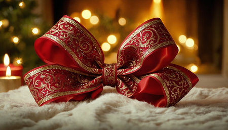 Red bow on a fur rug in front of a fireplace and Christmas treeの素材