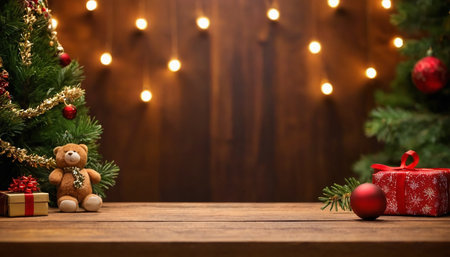 Christmas background with wooden table and christmas tree. Space for text.の素材