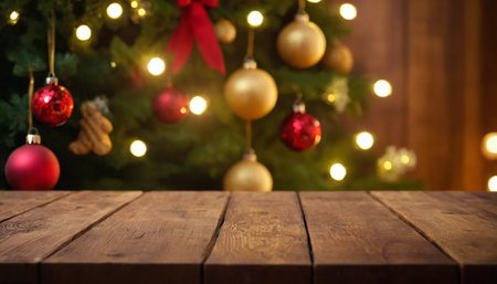 Empty wooden table with christmas tree and bokeh lights backgroundの素材